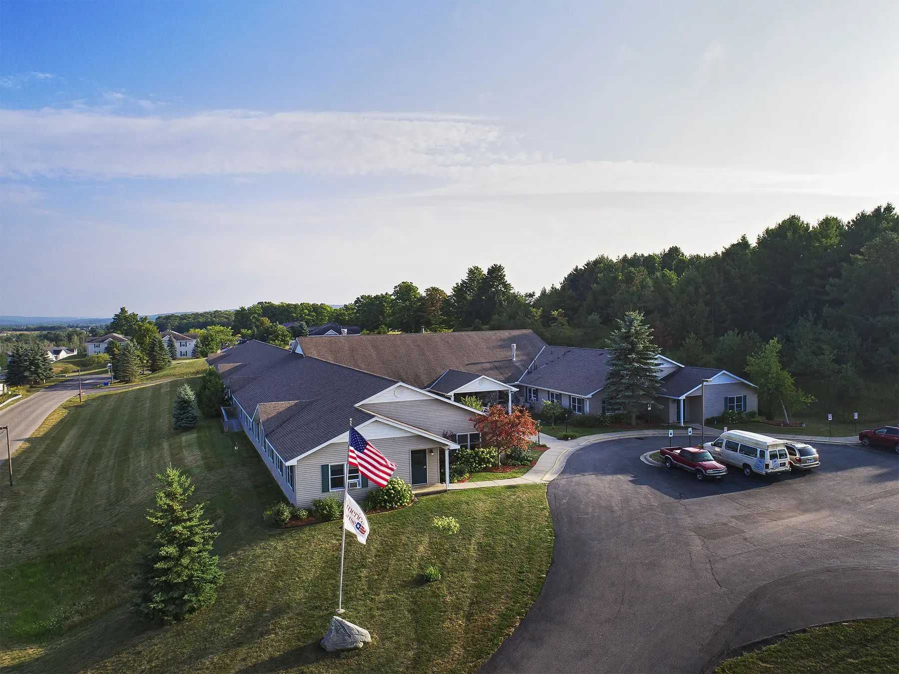 Aerial view of American House Petoskey, a senior community in Petoskey, Michigan