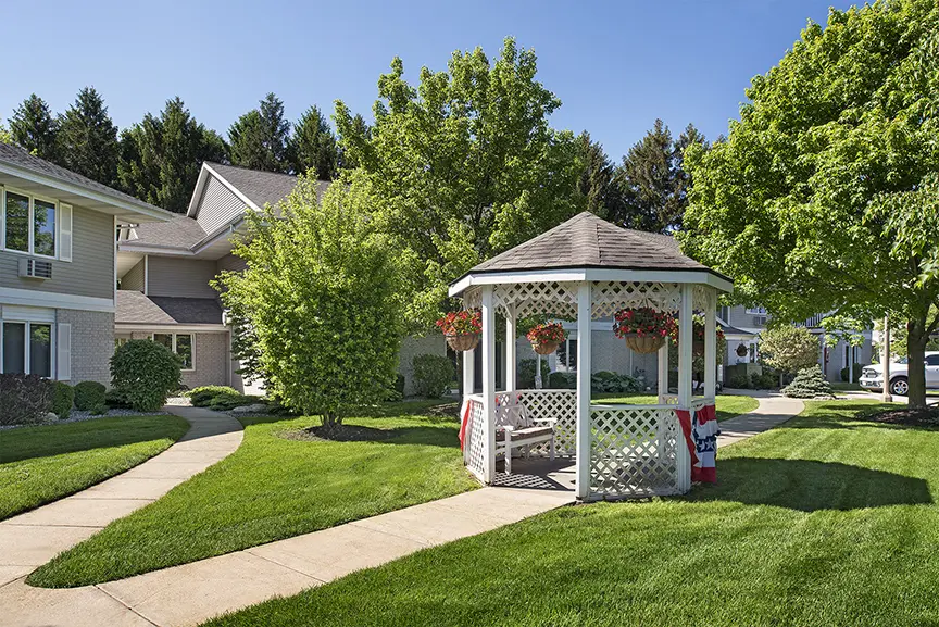 Gazebo and well manicured lawn at American House retirement home campus in Spring Lake, MI