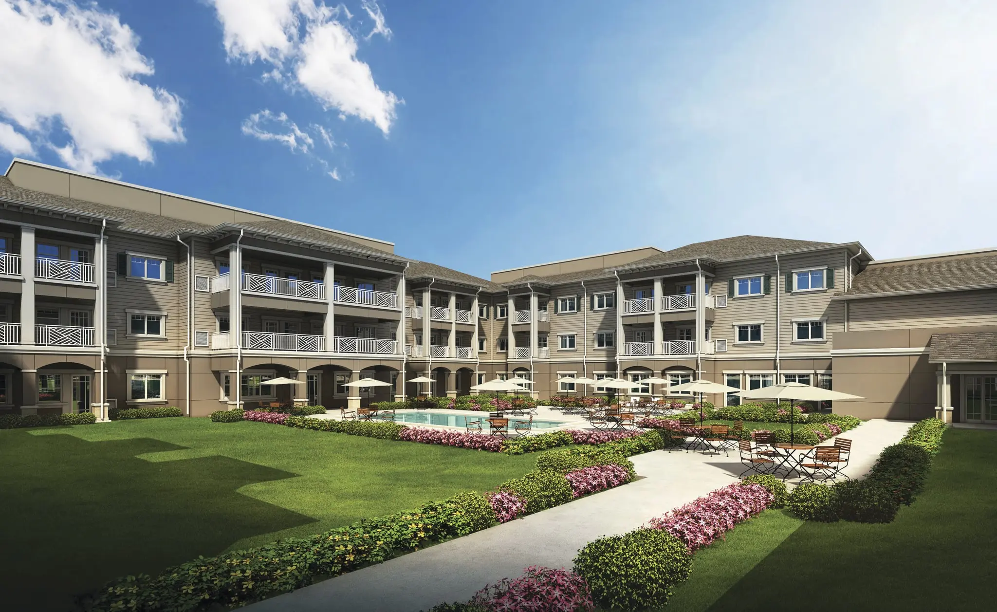 Outdoor gardens and pool Aerial at American House elder home in St. Petersburg, FL