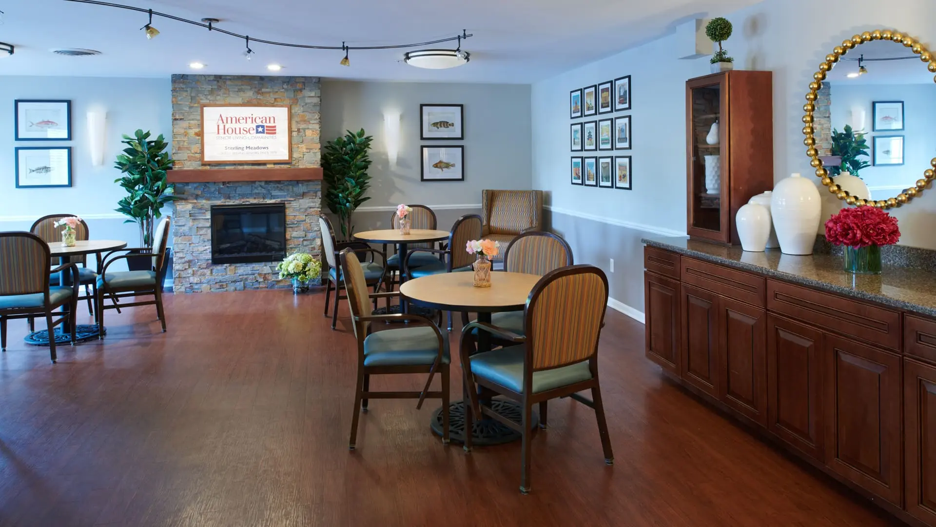 Bistro with fireplace at retirement home in South Sterling Heights, Michigan