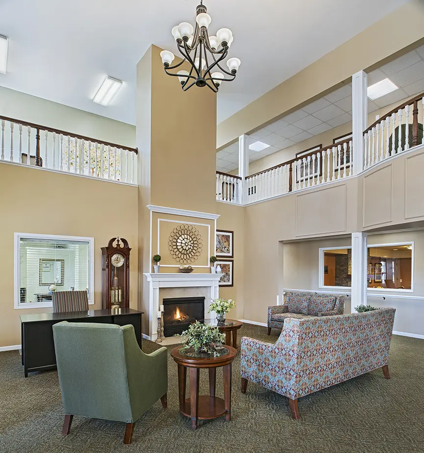 Atrium and fireplace at inside entrance of assisted living facility in Troy, MI