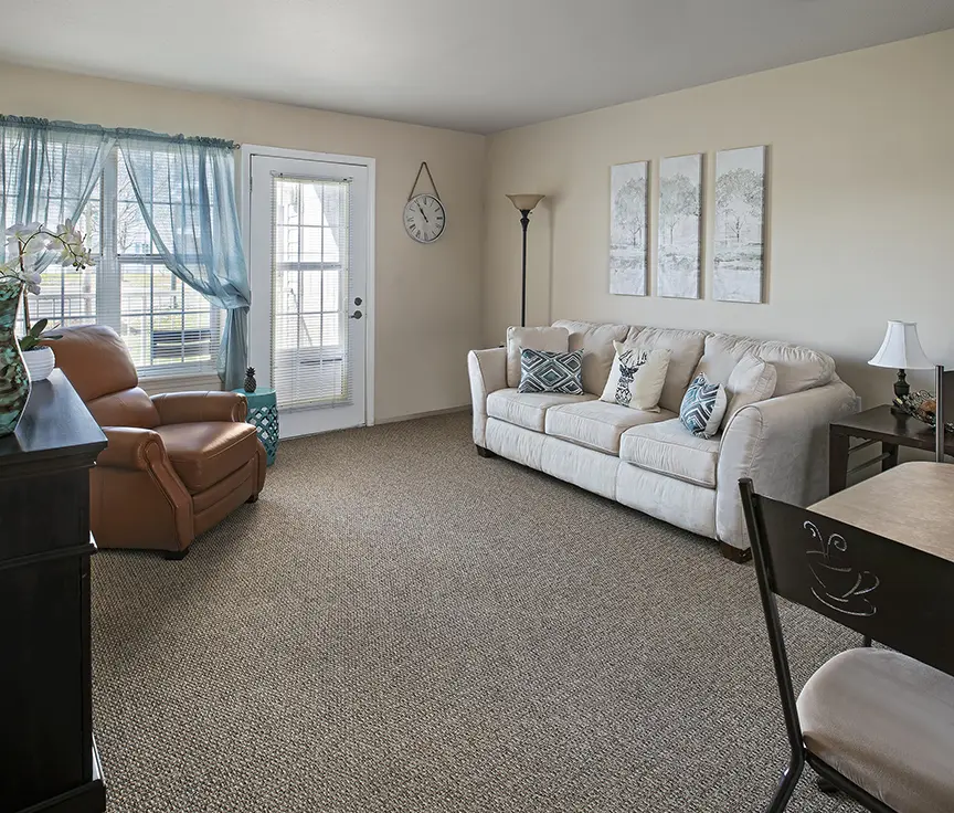 A living room in an assisted living apartment in Troy, MI