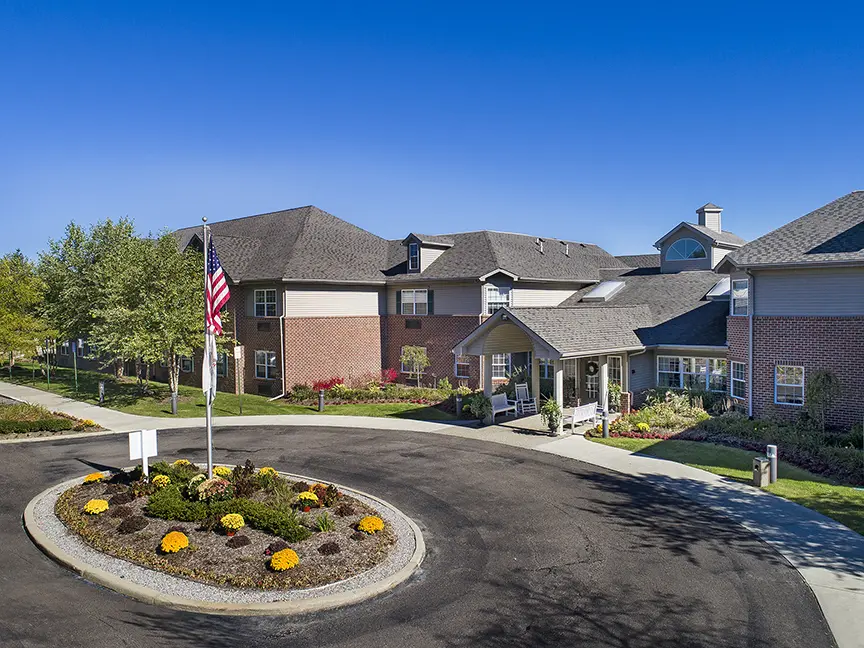 High-angle exterior shot of American House Senior Living in West Bloomfield, MI