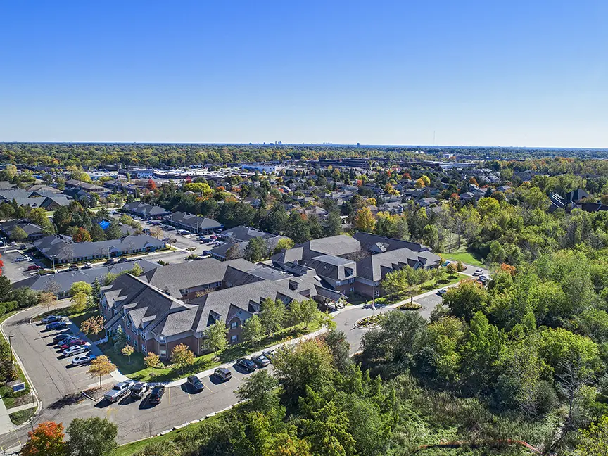 Aerial shot of American House senior home in West Bloomfield, MI