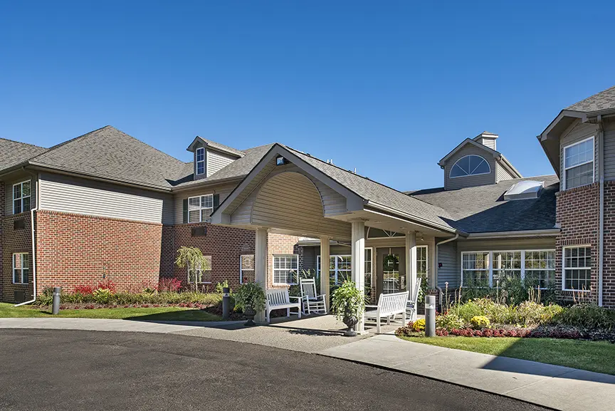 Low angle exterior shot of retirement home in West Bloomfield, MI