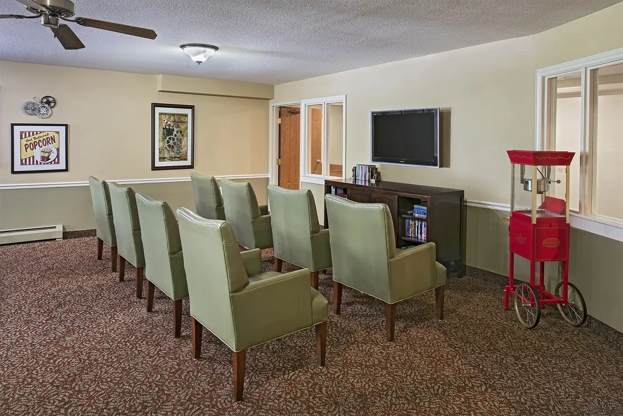 Theater with large chairs and popcorn maker in a home for the elderly in Northwest Westland, MI
