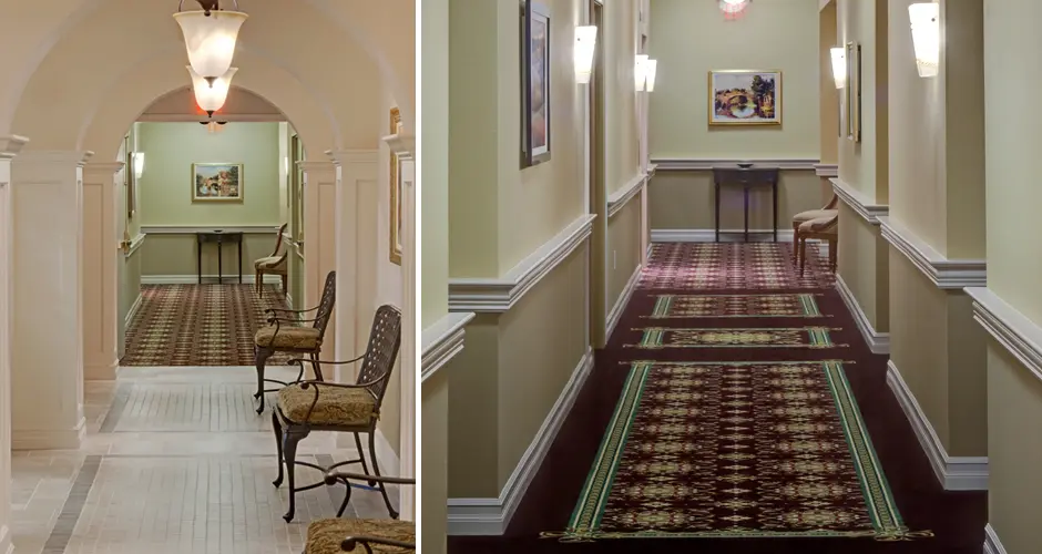 Two hallways side-by-side in an assisted living and memory care facility in Zephyrhills, FL
