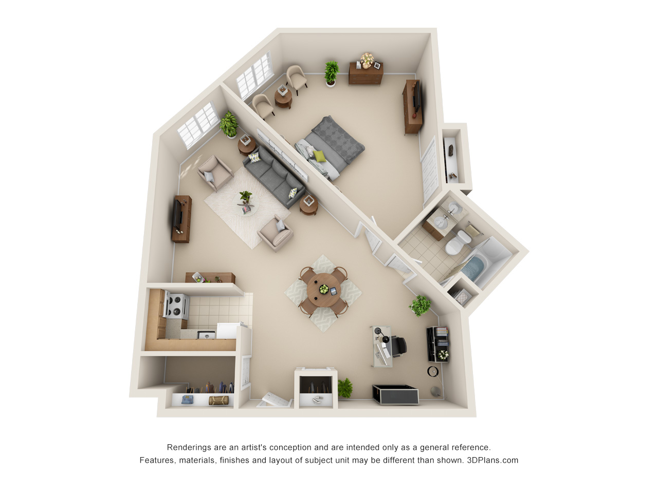 Independent living one bedroom apartment floor plan with 910 sqare feet in Roseville Michigan