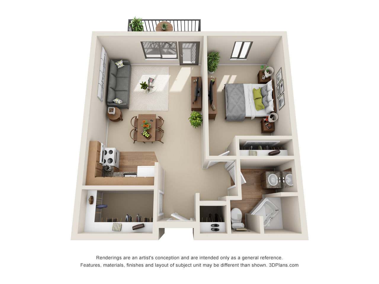 3D floorplan for 1 bedroom and 1 bathroom independent living apartment in roseville michigan