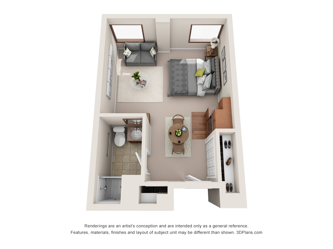 Memory Care studio apartment floor plan at American House Grosse Pointe