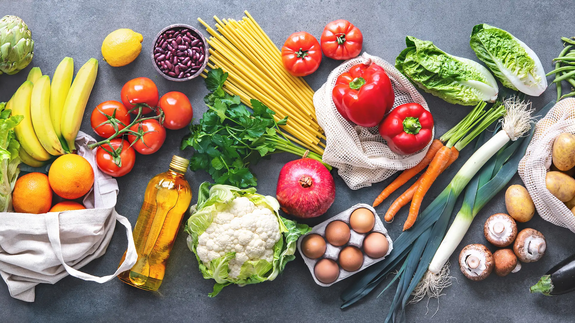 Healthy dining options for seniors at American House Senior Living including romaine lettuce, bananas, tomatoes, cauliflower, eggs, eggplant, mushrooms, artichoke, and carrots