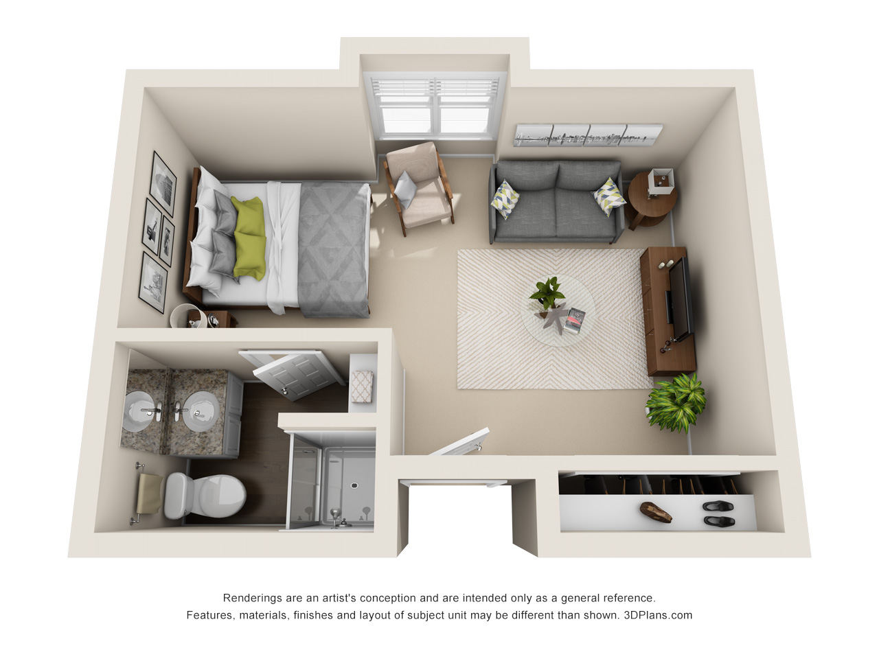Memory Care studio apartment 3D floorplan in Jenison, Michigan