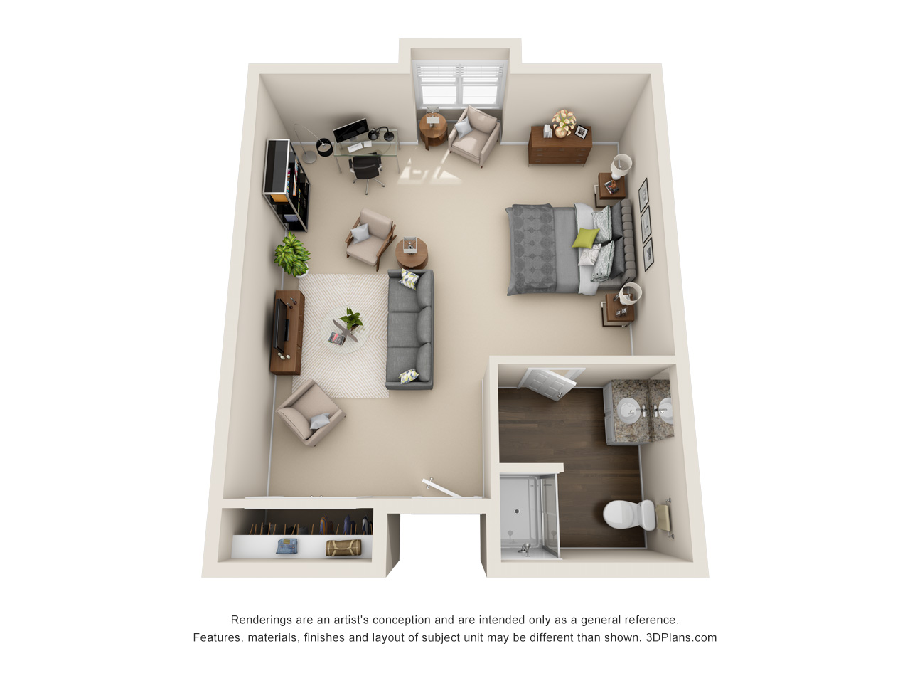 Memory Care studio apartment 3D floorplan in Jenison, Michigan