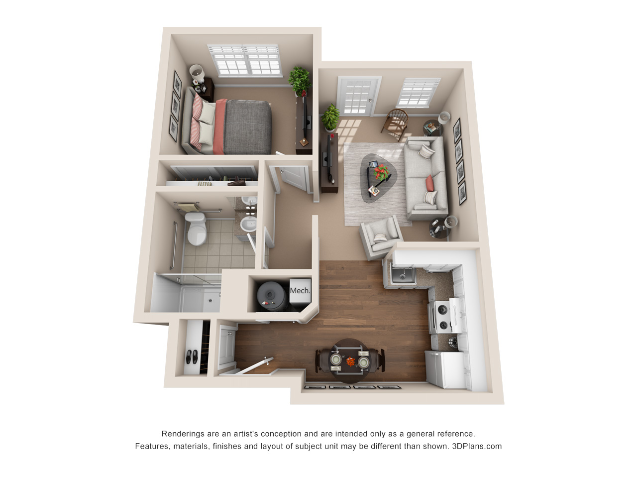 Independent/Assisted Living 1 bedroom apartment 3D floorplan in Keene, New Hampshire