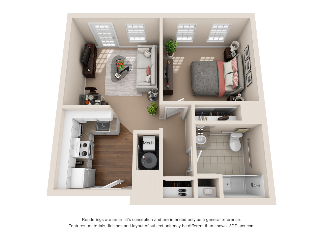 Independent/Assisted Living 1 bedroom apartment 3D floorplan in Keene, New Hampshire