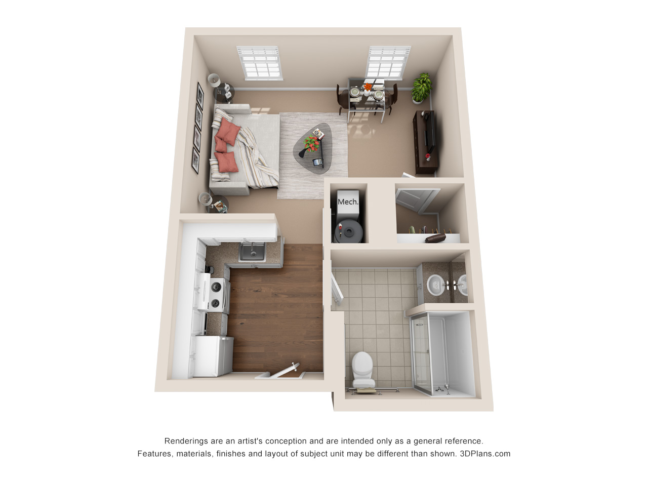 Independent/Assisted Living studio apartment 3D floorplan in Keene, New Hampshire
