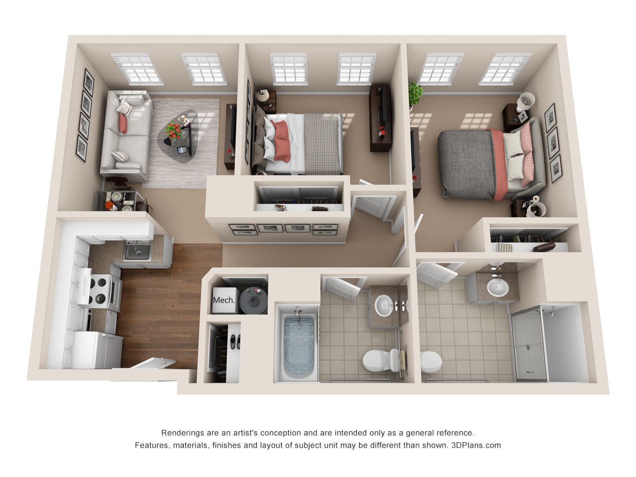 Independent/Assisted Living 2 bedroom apartment 3D floorplan in Keene, New Hampshire