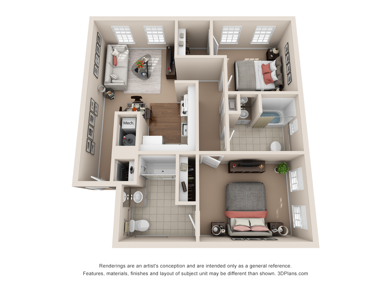Independent/Assisted Living 2 bedroom apartment 3D floorplan in Keene, New Hampshire