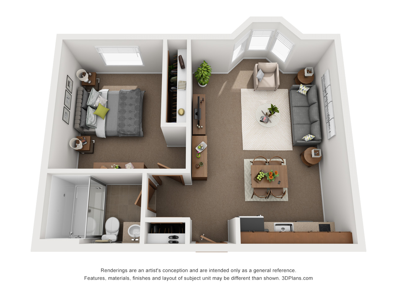 Assisted Living 1 bedroom apartment 3D floorplan in Kentwood, Michigan