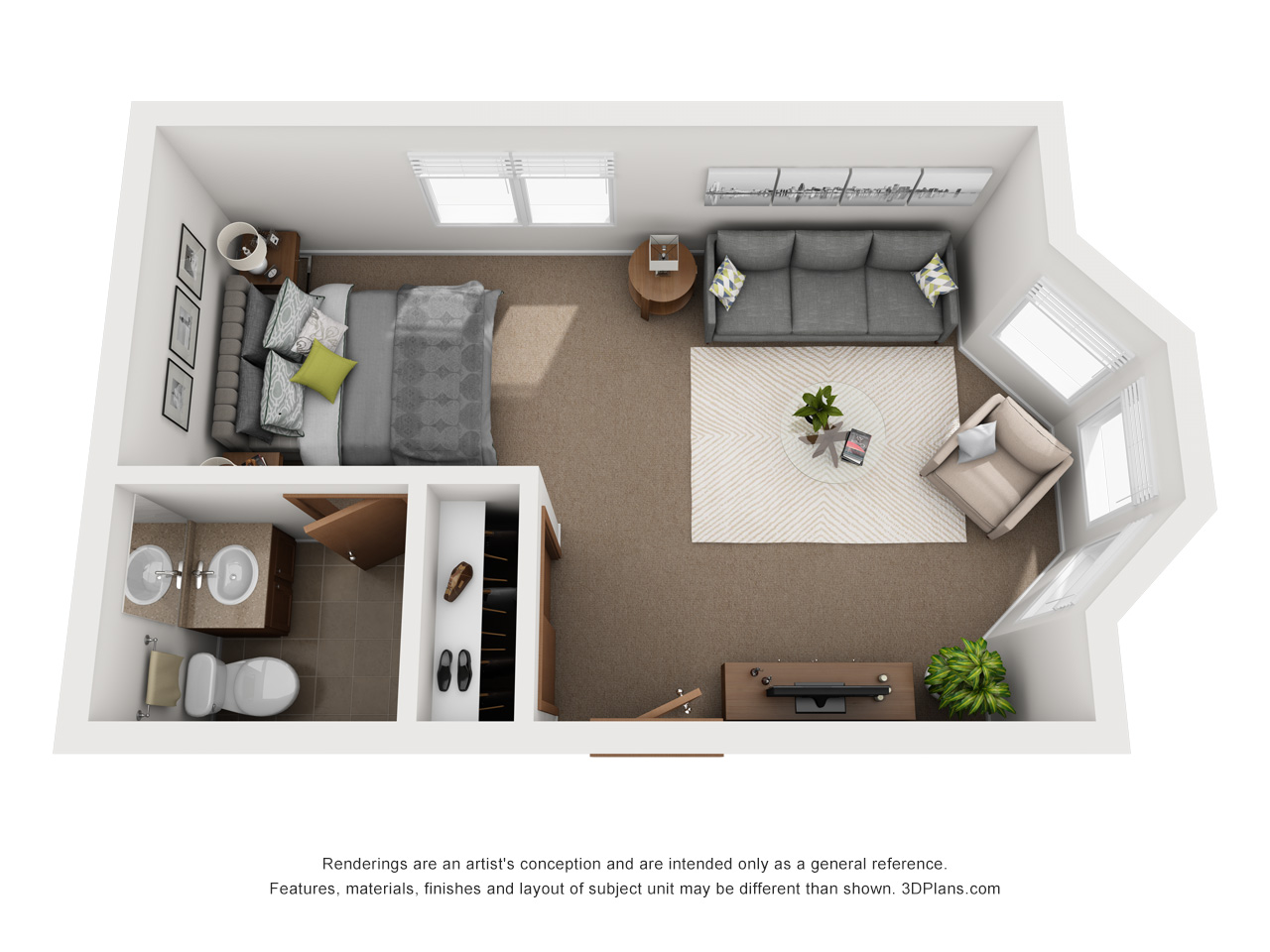 Assisted Living studio apartment 3D floorplan in Kentwood, Michigan