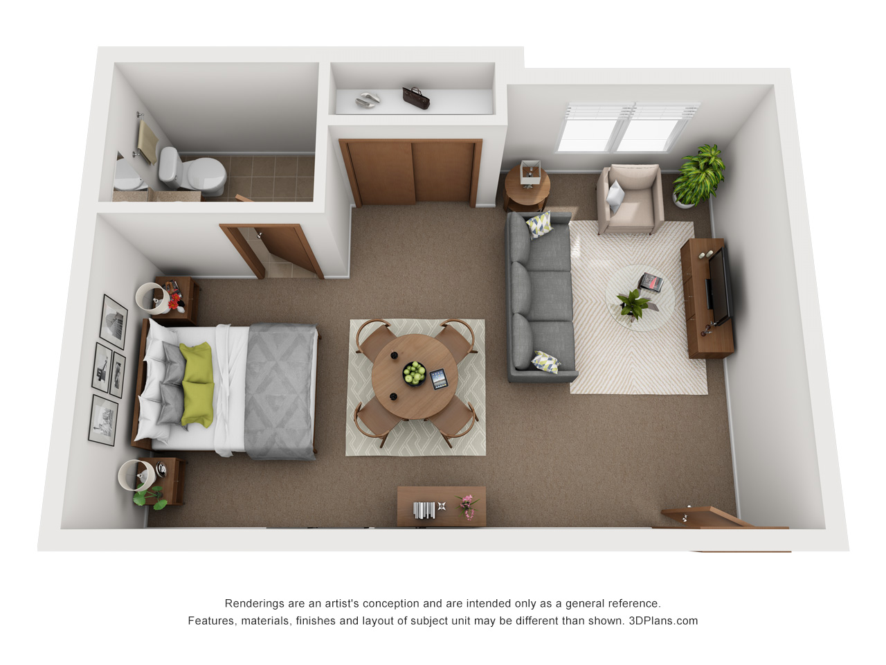 Assisted Living studio apartment 3D floorplan in Kentwood, Michigan
