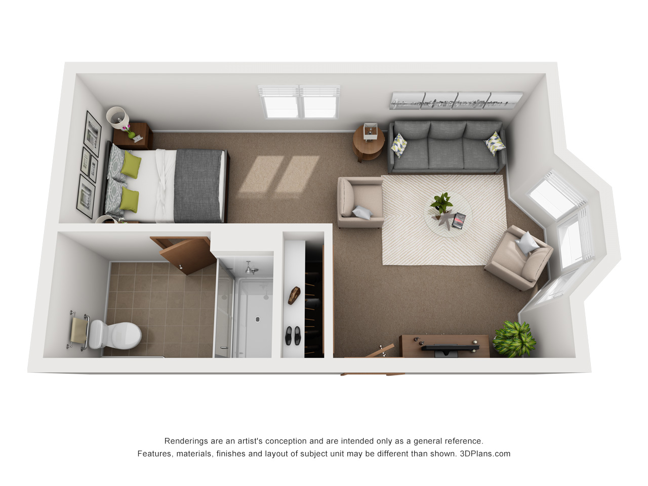 Assisted Living studio1 bedroom apartment 3D floorplan in Kentwood, Michigan