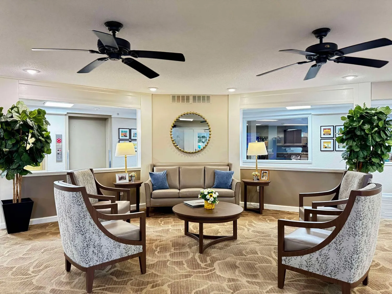 Seating area in entry of senior living apartment building