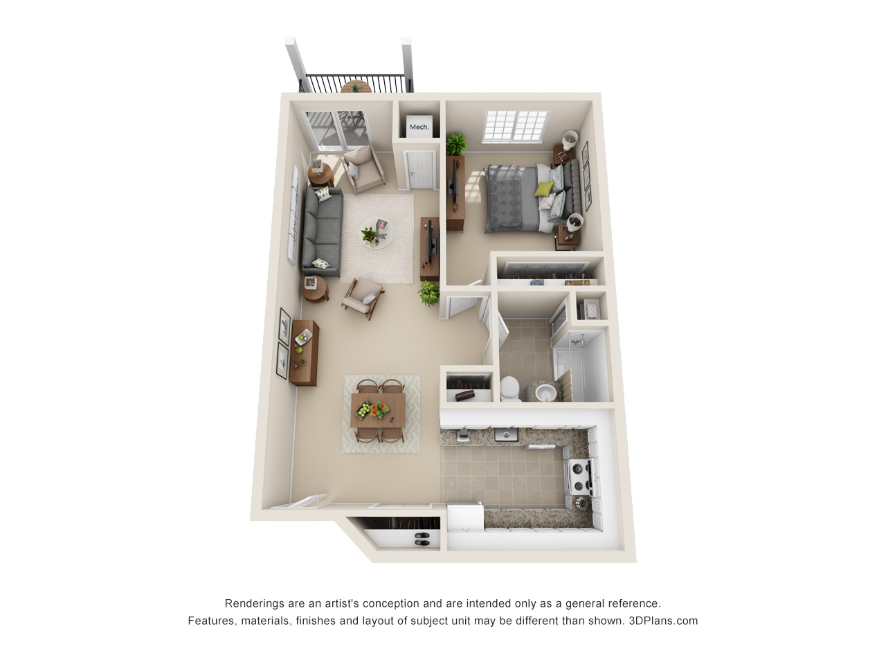Independent Living 1 Bedroom Apartment 3D Floorplan in Warren Michigan