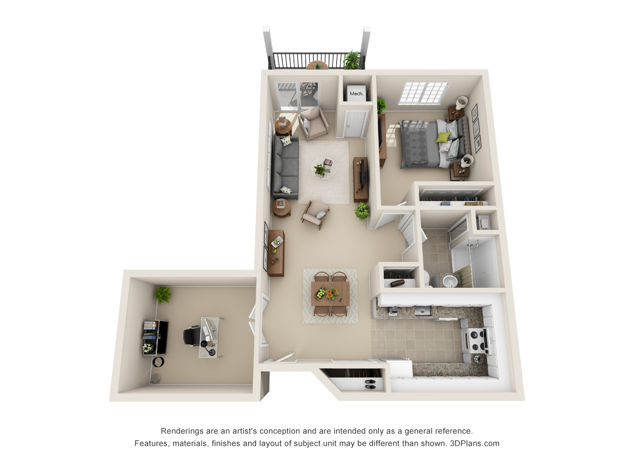 Independent Living 1 Bedroom Apartment 3D Floorplan in Warren Michigan