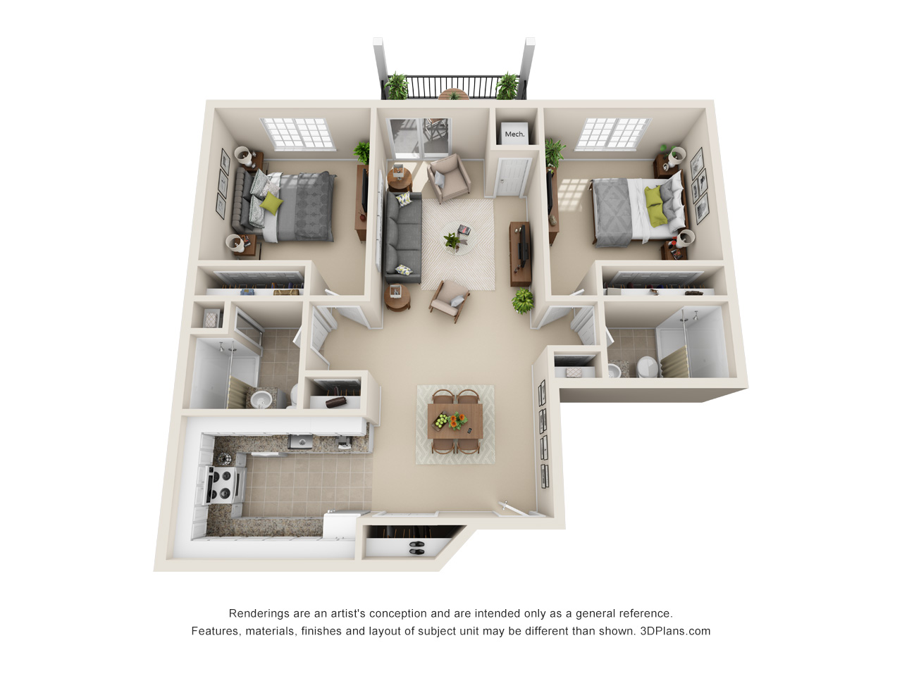 Independent Living 2 Bedroom Apartment 3D Floorplan in Warren Michigan
