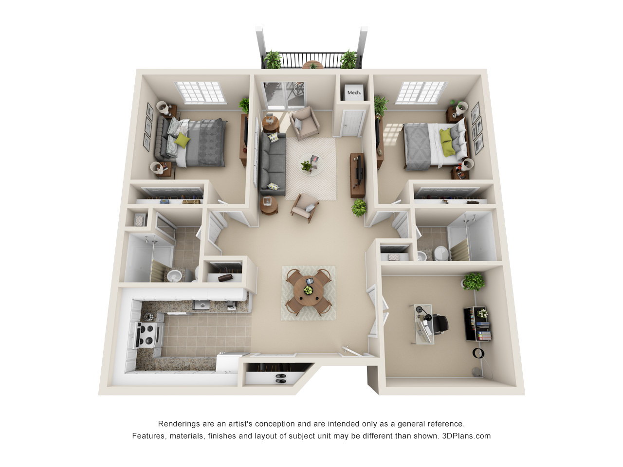 Independent Living 2 Bedroom Apartment 3D Floorplan in Warren Michigan