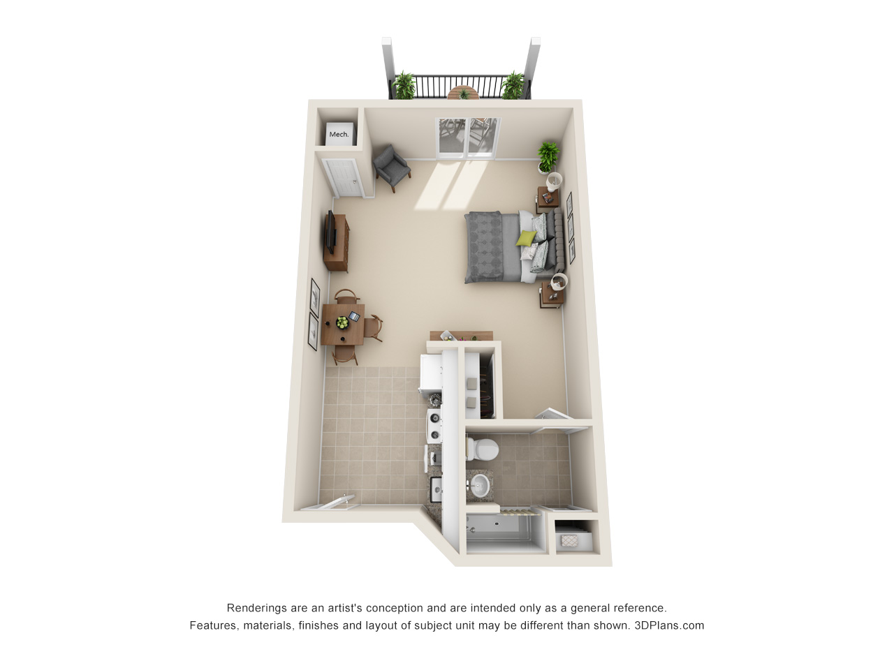 Studio 1 Bathroom Apartment 3D Floorplan in Warren Michigan