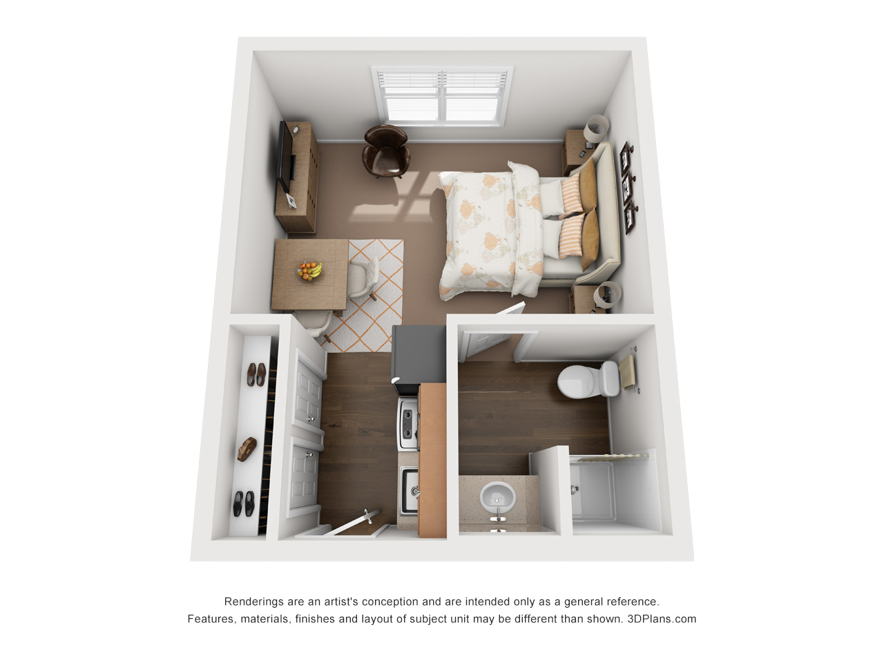 Studio 1 Bathroom Apartment 3D Floorplan in Petoskey Michigan