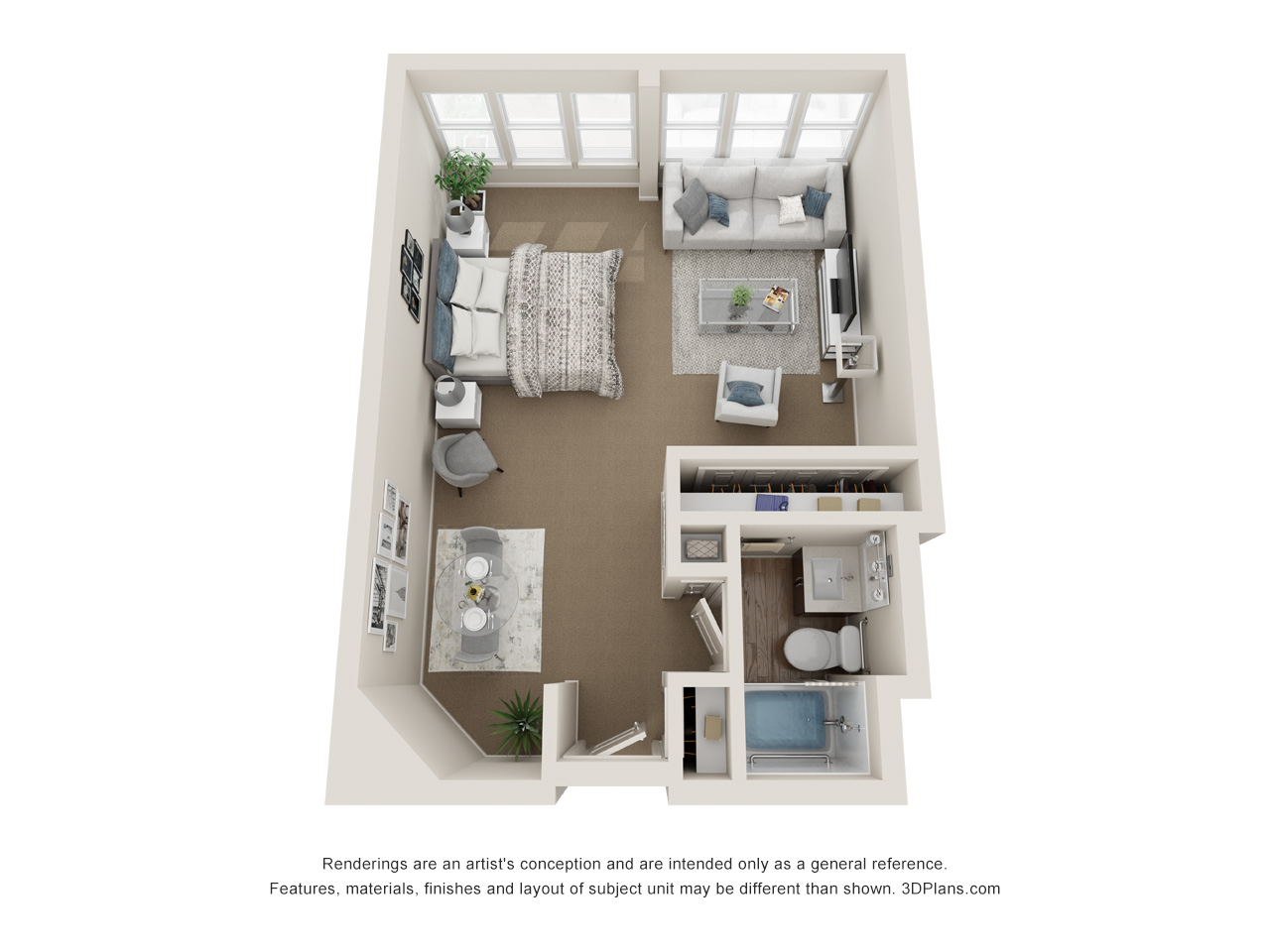 Studio 1 Bathroom Apartment 3D Floorplan in Sarasota Florida