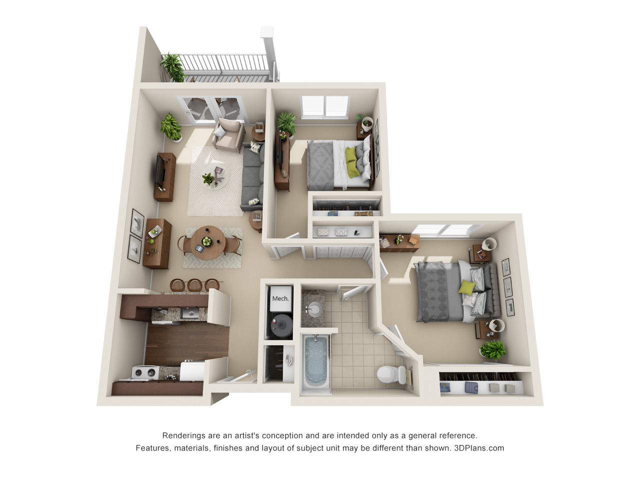 3D Floor plan of senior living apartment in Taylor, MI, with 2 bedrooms one bathroom.