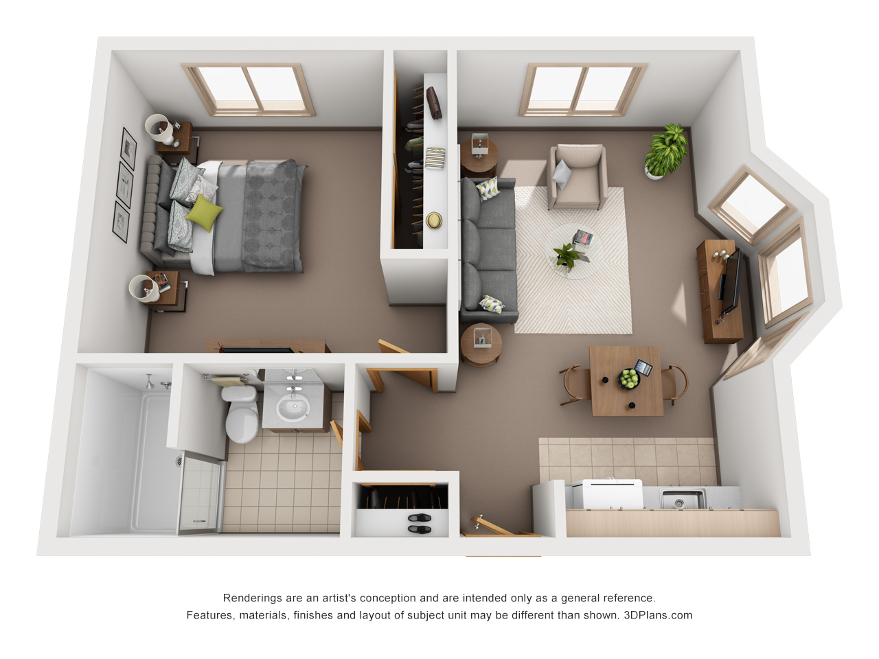 3D Floor plan of assisted living apartment, with one bedroom one bathroom.