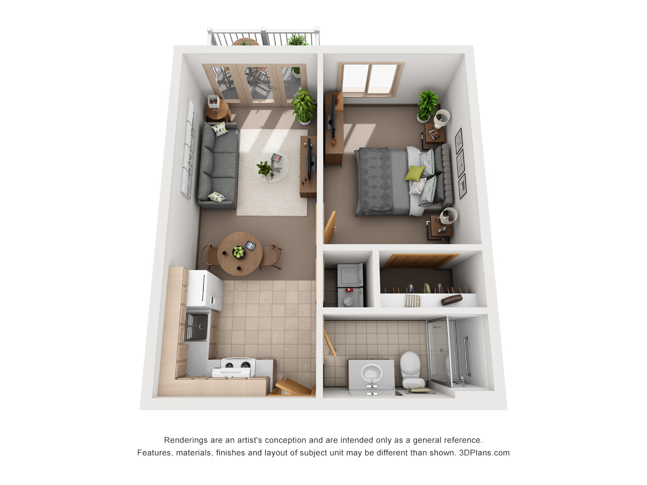 3D Floor plan of independent living apartment, with one bedroom one bathroom.