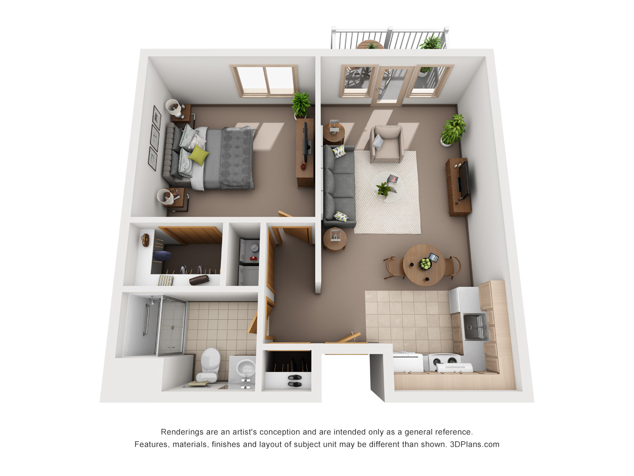 3D Floor plan of retirement home apartment, with one bedroom one bathroom.