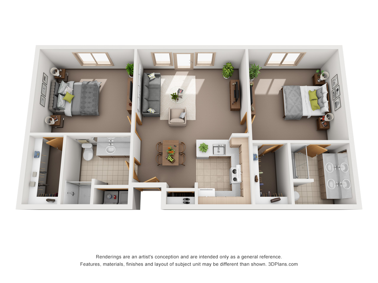 3D Floor plan of independent living facility apartment, with 2 bedroom 2 bathroom.