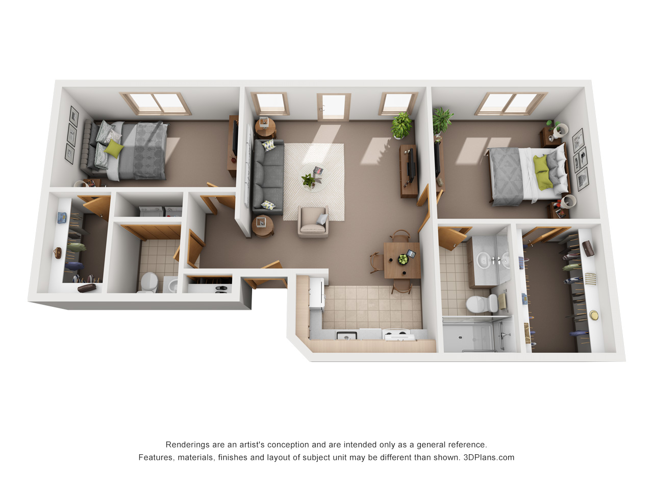 3D Floor plan of in retirement community apartment, with 2 beds 2 baths.