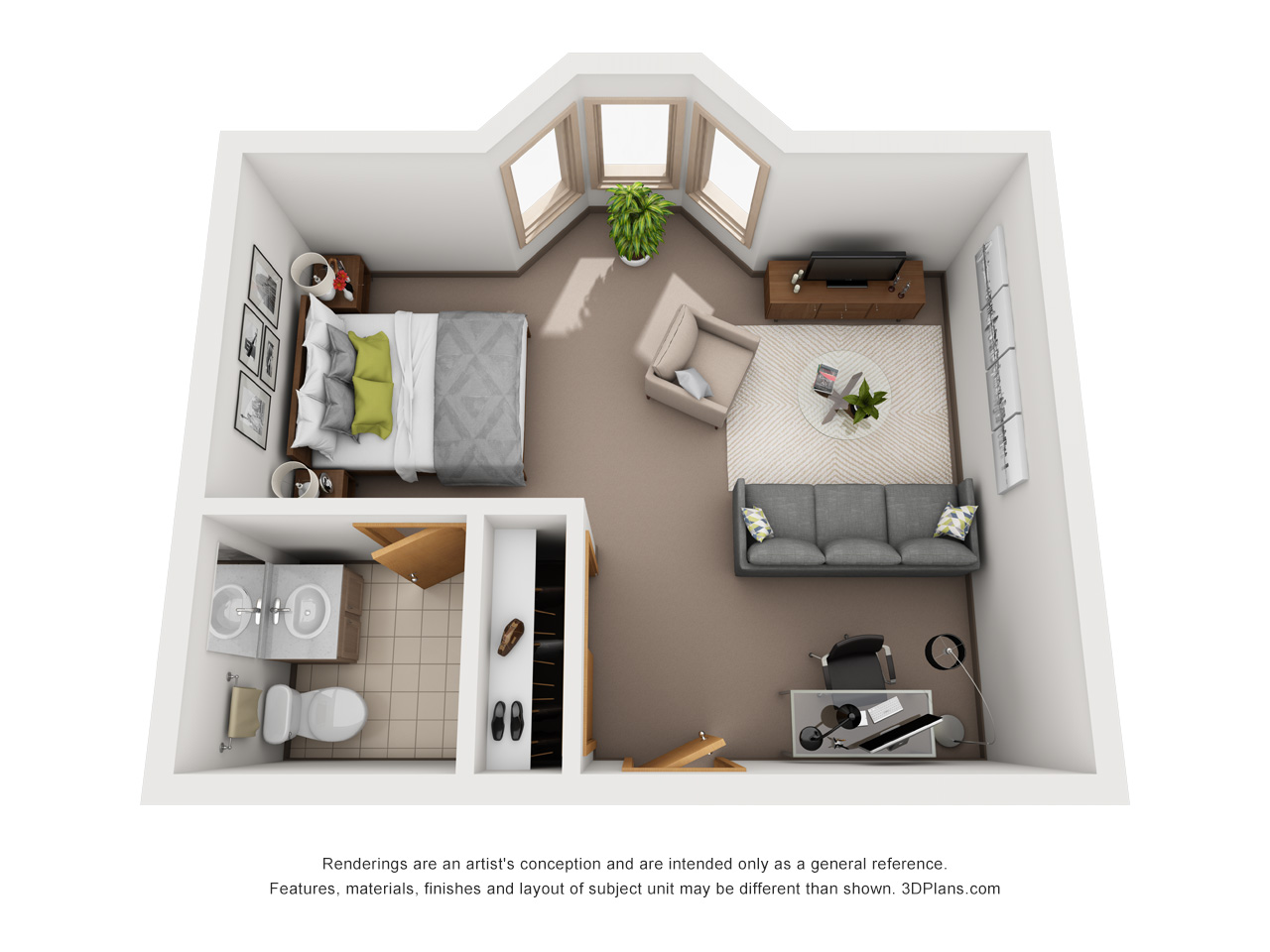 3D Floor plan of elder home studio apartment with bay window