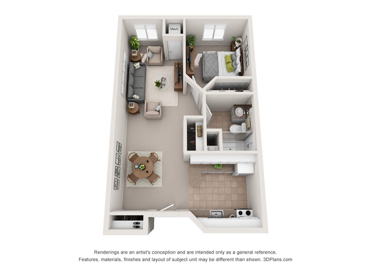 3D Floor plan of elder home apartment, with one bedroom one bathroom.