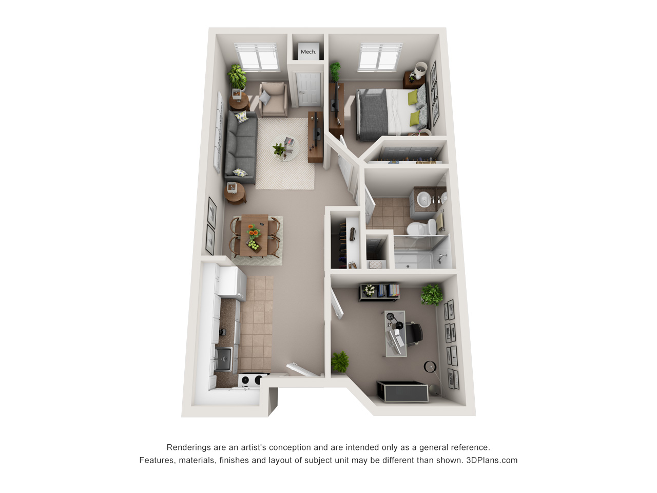 3D Floor plan of retirement home apartment, with one bedroom one bathroom.