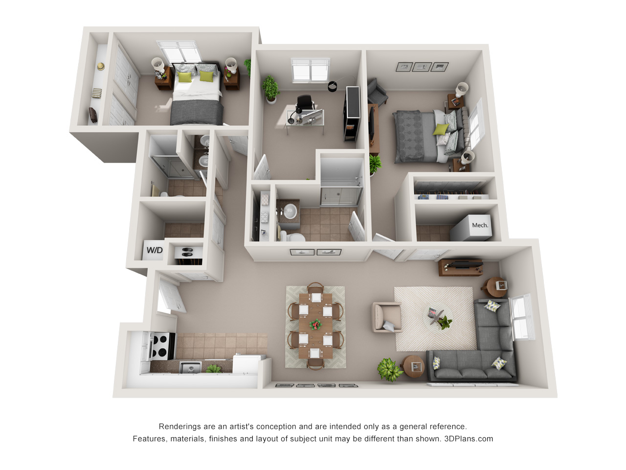 3D Floor plan of independent senior living apartment, with 2 bedroom 2 bathroom and office.