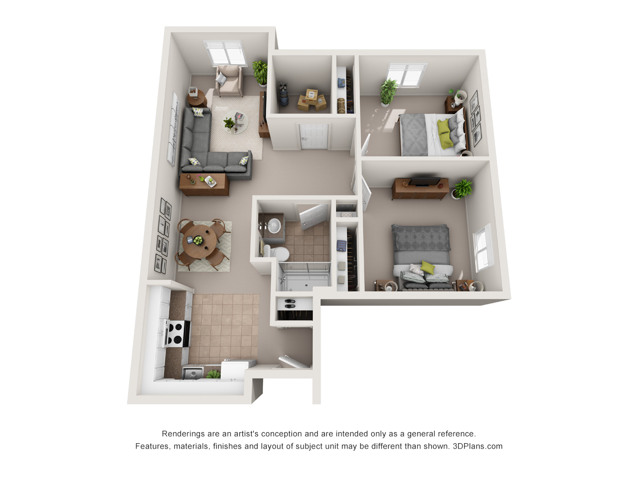 3D Floor plan of retirement community apartment, with 2 bedroom one bathroom.