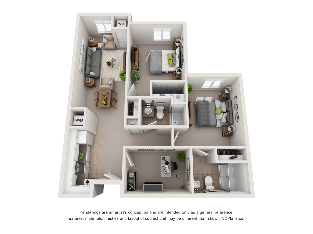 3D Floor plan of independent living apartment, with 2 bedroom one bathroom.