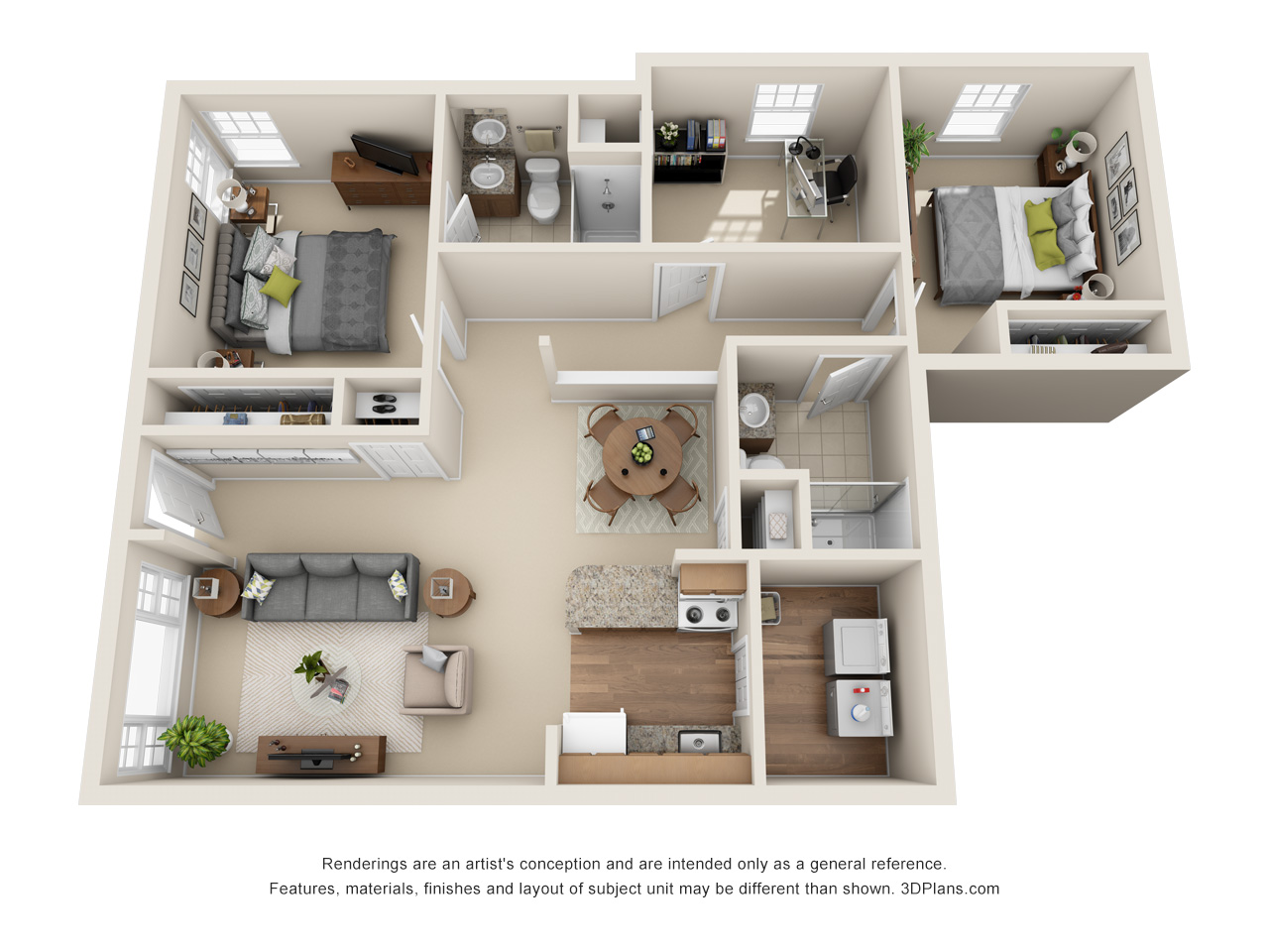 3D Floorplan of a elder care apartment in Rochester Hills, MI with 2 bed, 2 bath