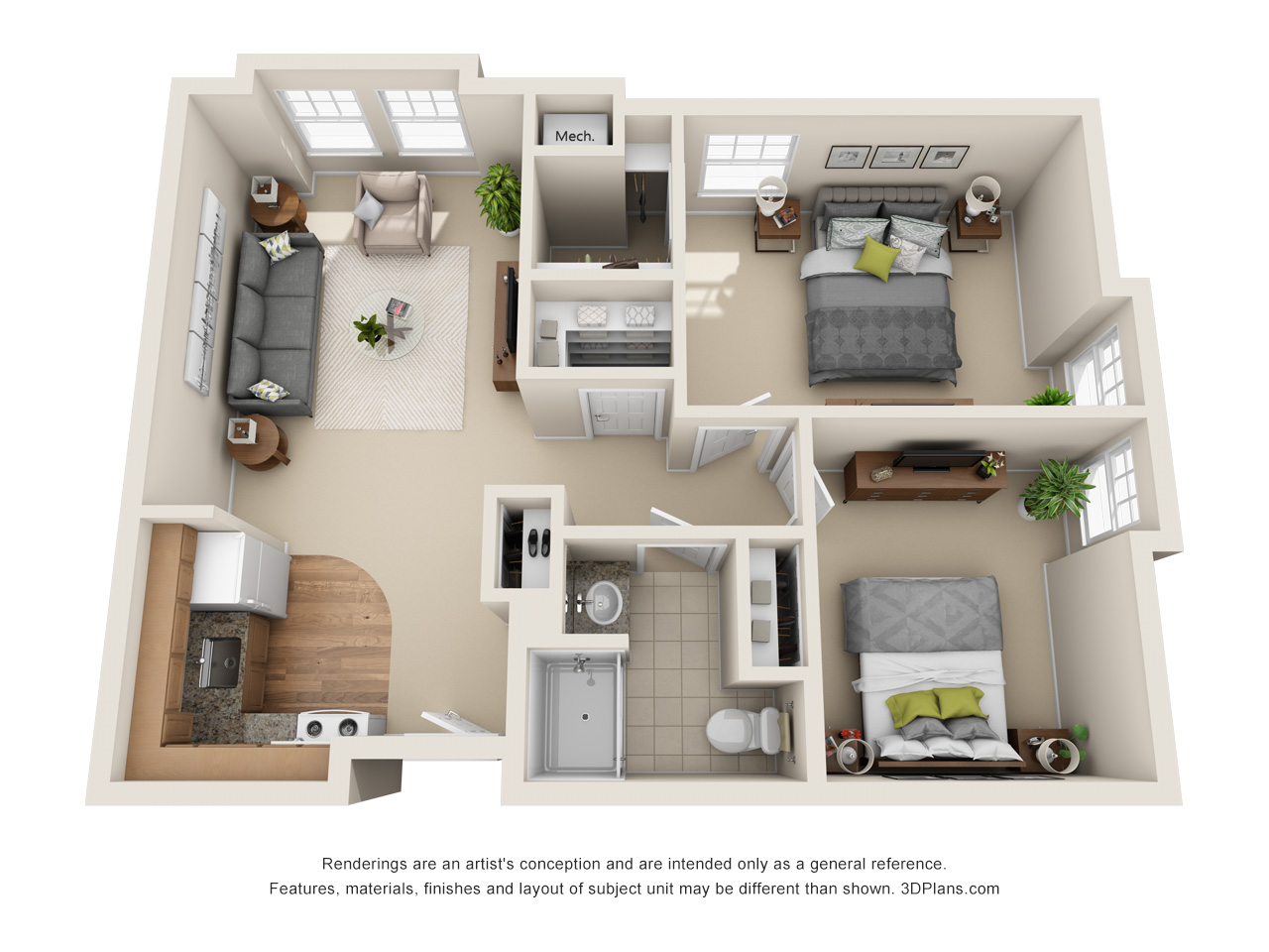 3D Floorplan of an independent living apartment in Rochester Hills, MI with 2 bed, one bath