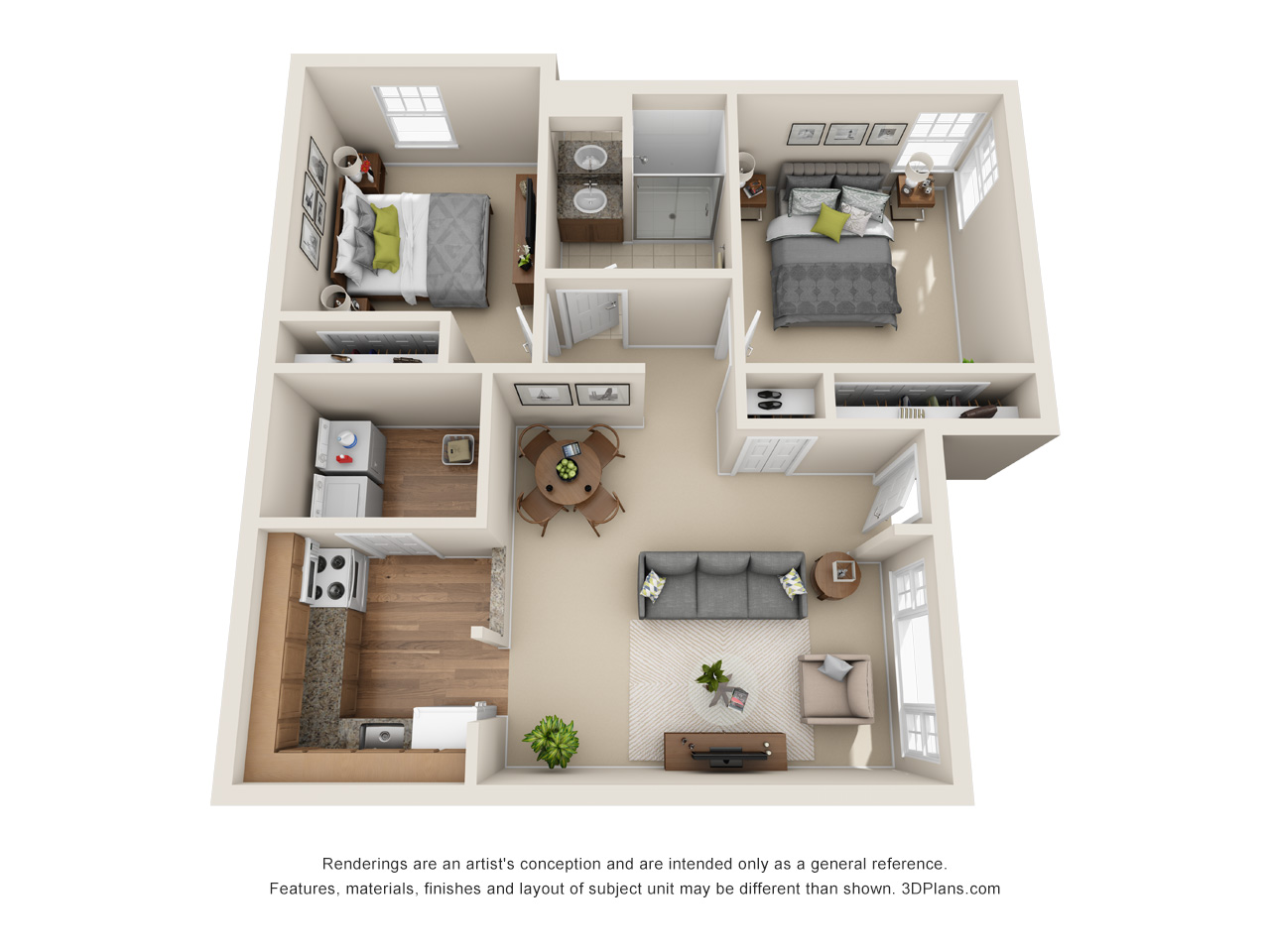 3D Floorplan of a assisted living apartment in Rochester Hills, MI with 2 bed, one bath