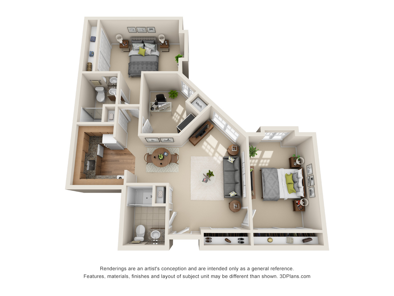 3D Floorplan of a senior living apartment in Rochester Hills, MI with 2 bed, 2 bath